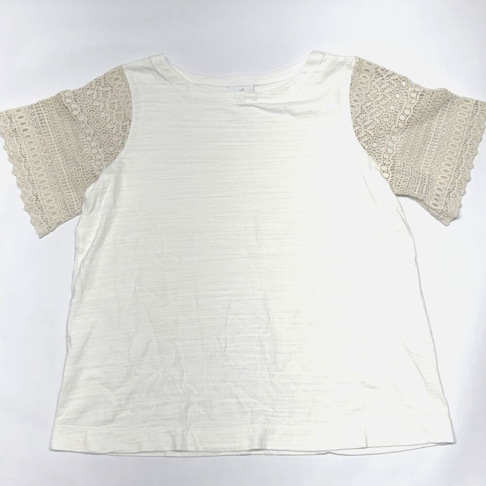 J Jill Mixed Media Top Womens White/Off White Slub Cotton Slv Crochet Lace Boho